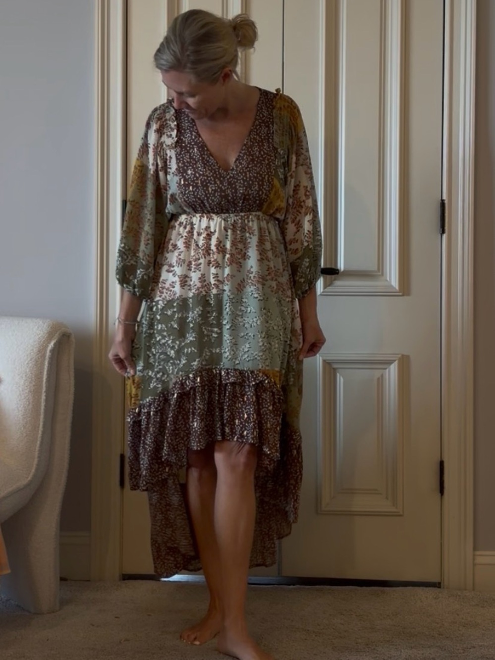 Boho Floral Patchwork V-Neck High-Low Dress in Brown and Olive